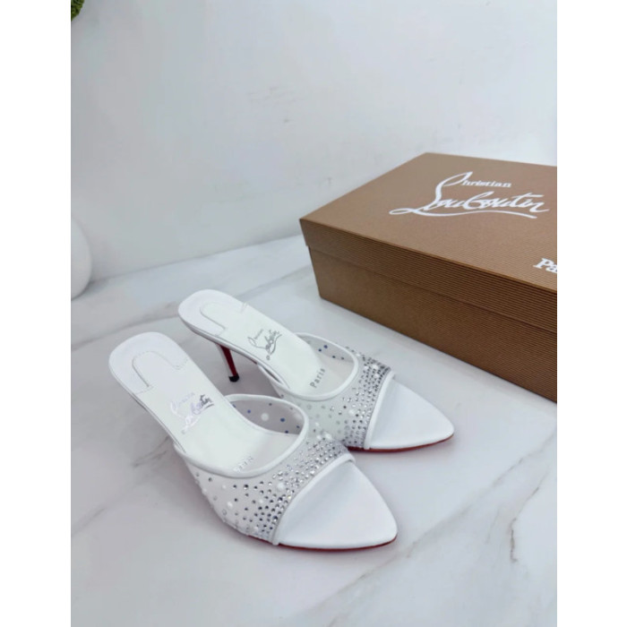 Christian Louboutin White Mesh Crystal 85mm Pointed‑Toe Mule Heels