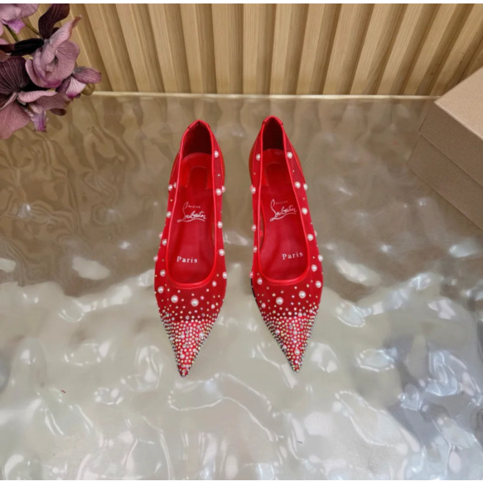 Christian Louboutin Red Mesh Pearl Crystal‑Embellished Pointed‑Toe Flat Pumps