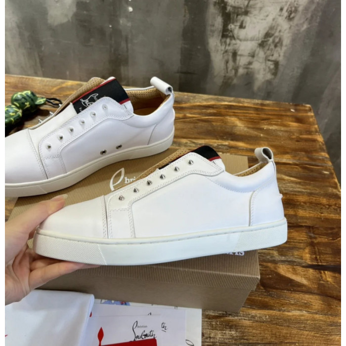 Christian Louboutin White Leather Silver‑Spiked Slip‑On Low‑Top Sneakers