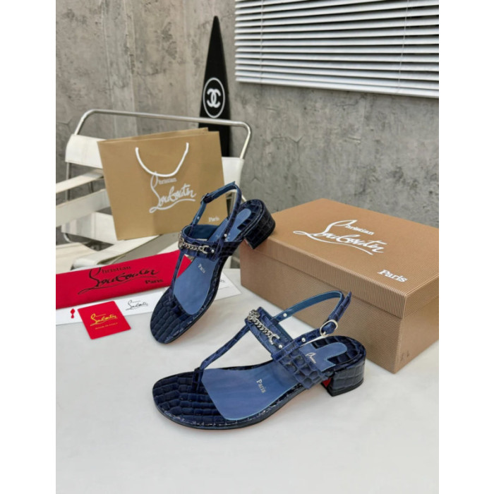 Christian Louboutin Navy Croc‑embossed Leather Block Heel Thong Sandal