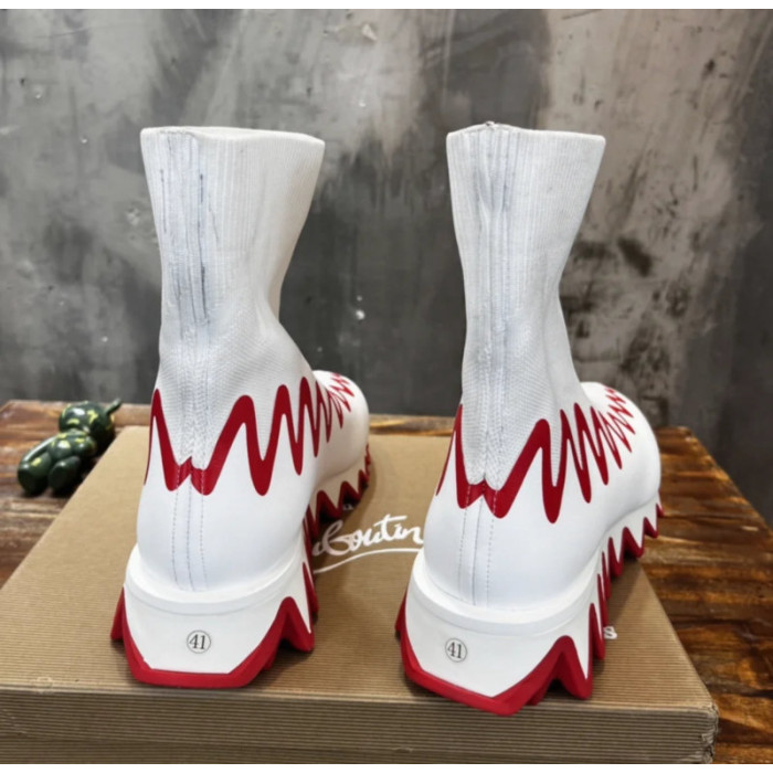 Christian Louboutin White Knit Sock‑Style Red Shark‑Tooth Sole High‑Top Sneaker Boots