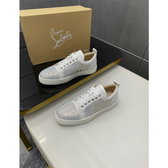 Christian Louboutin White Leather AB Crystal‑Encrusted Low‑Top Sneakers