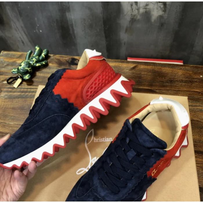 Christian Louboutin Navy‑Red Suede Gold‑Logo Shark‑Tooth Sole Lace‑Up Sneakers