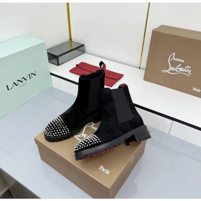 Christian Louboutin Black Suede Silver‑Spiked Chelsea Ankle Boots
