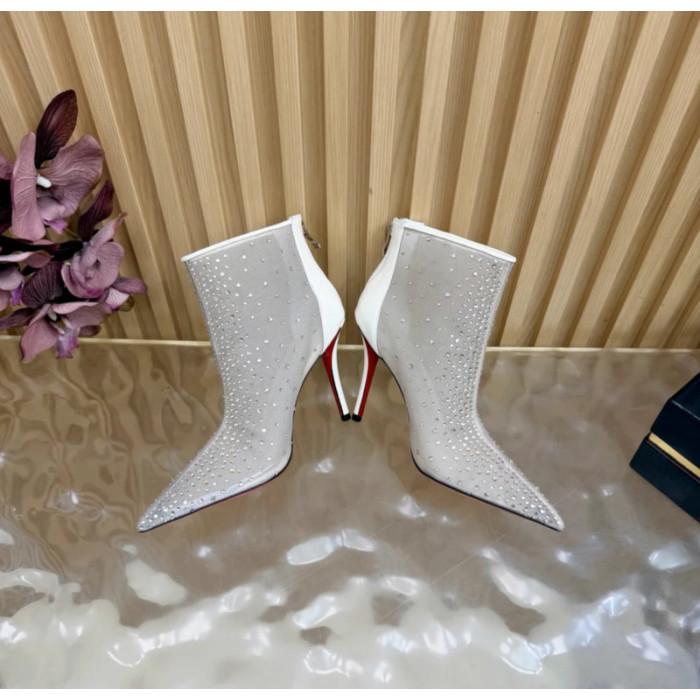 Christian Louboutin Ivory Mesh 100mm Crystal‑Embellished Pointed Toe Stiletto Heel Ankle Boots