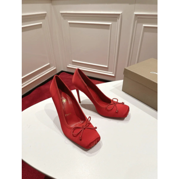 Christian Louboutin Red Satin Bow 100mm Square Toe Stiletto Pumps