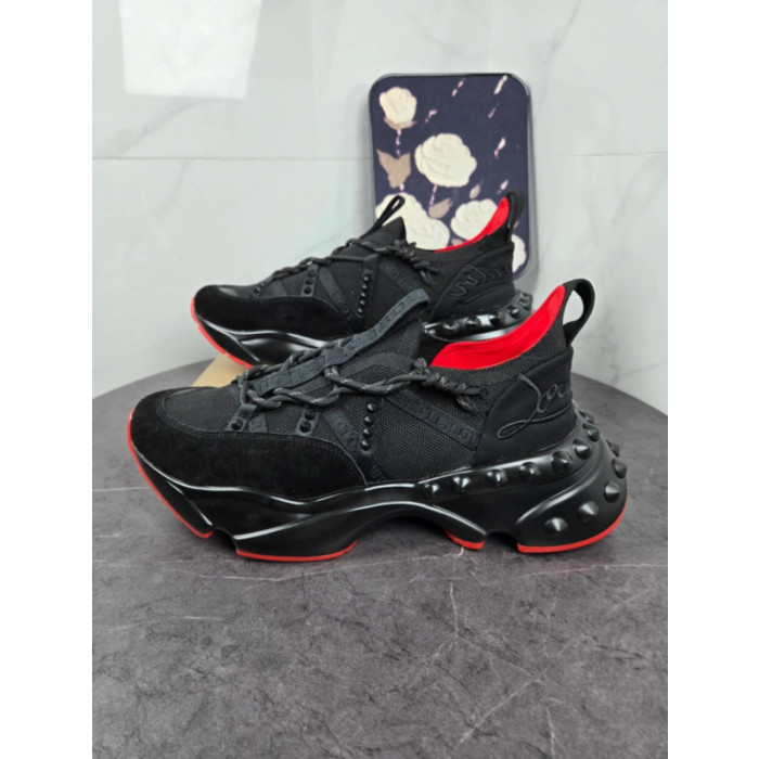 Christian Louboutin Black Spiked‑Sole Chunky Lace‑Up Sneakers With Red Lining