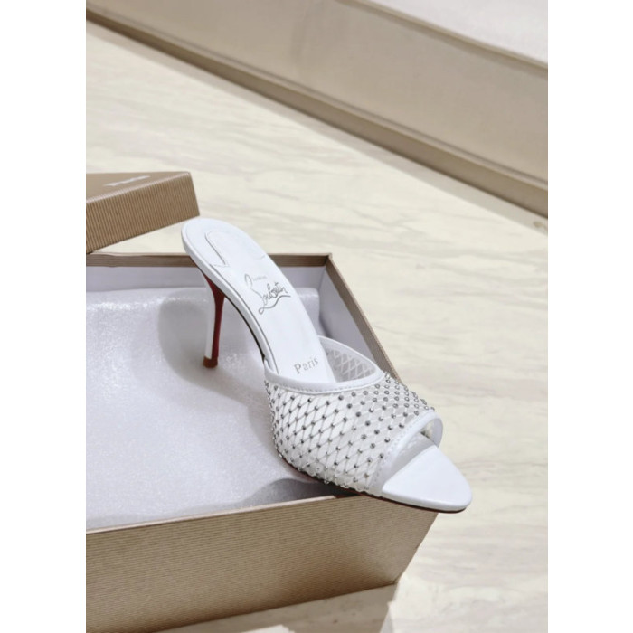 Christian Louboutin White Mesh 85mm Crystal‑Embellished Peep‑Toe Slide Stiletto Heel Mules