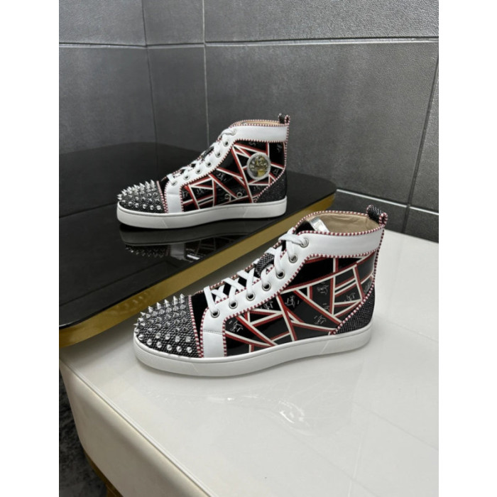 Christian Louboutin Black Patent Geometric‑Print Spiked High‑Top Sneakers