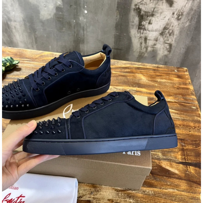 Christian Louboutin Navy Suede Black‑Spiked Low‑Top Sneakers