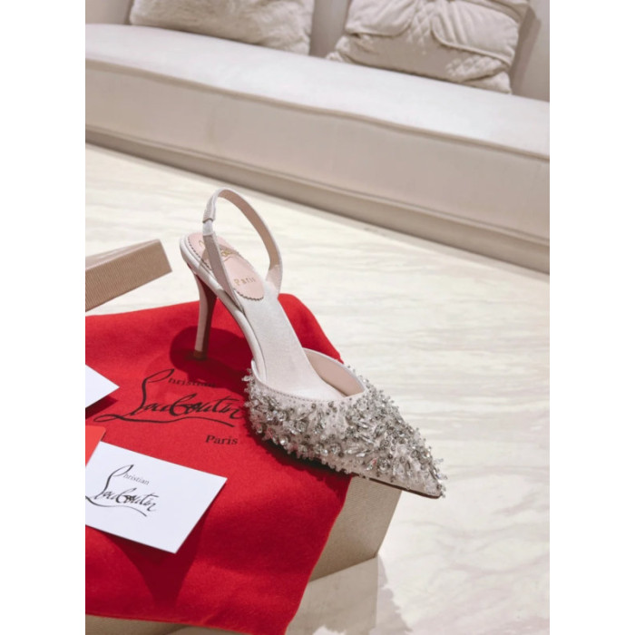 Christian Louboutin Ivory Fabric Crystal‑Embellished 100mm Pointed‑Toe Slingback Stiletto Heel Pumps
