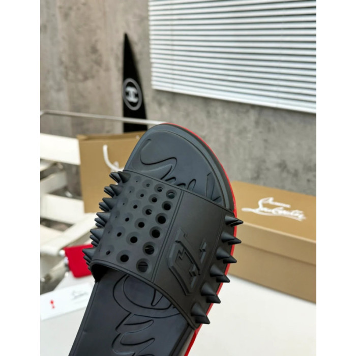 Christian Louboutin Black Spiked CL Logo Slide Sandals