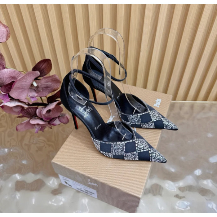 Christian Louboutin Black Satin Checkered Crystal‑Embellished 100mm Stiletto Heel Ankle‑Strap Pumps