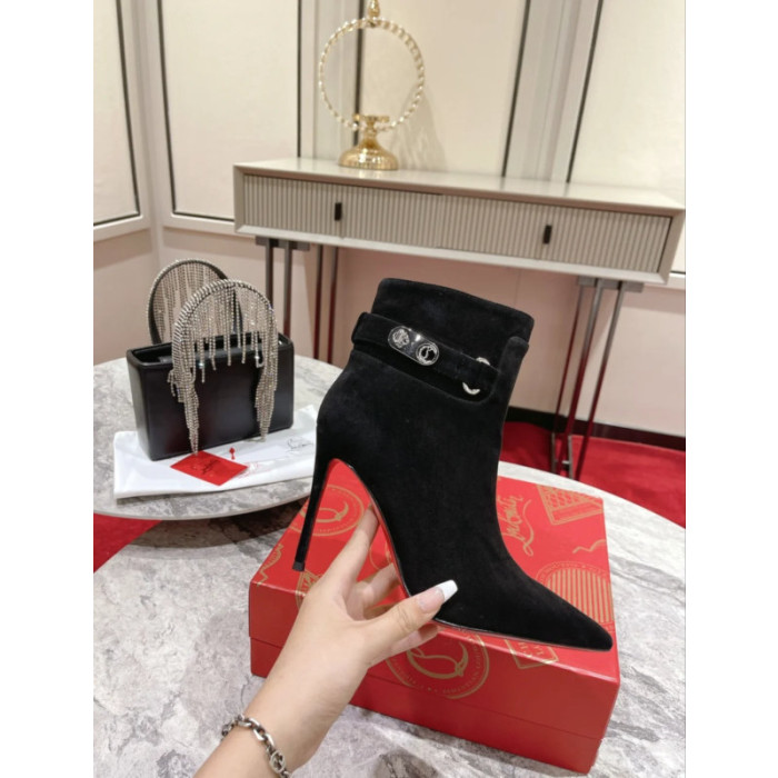 Christian Louboutin Black Suede 100mm Lock‑Buckle Pointed Toe Ankle Boots