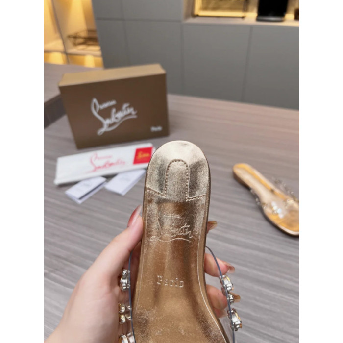Christian Louboutin Clear Strap Crystal‑Embellished Gold Flat Slide Sandals