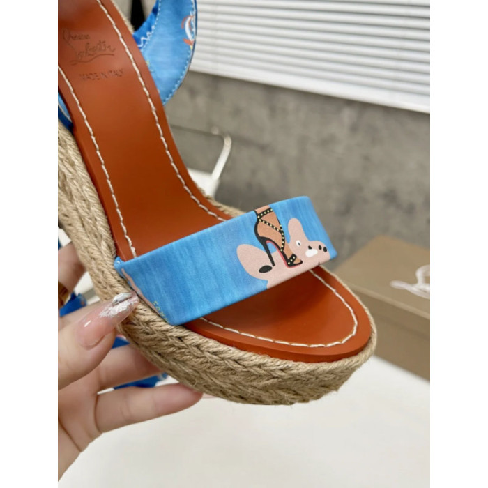 Christian Louboutin Blue Cartoon Print Fabric 120mm heel Wedge Ankle‑Wrap Espadrille Sandal