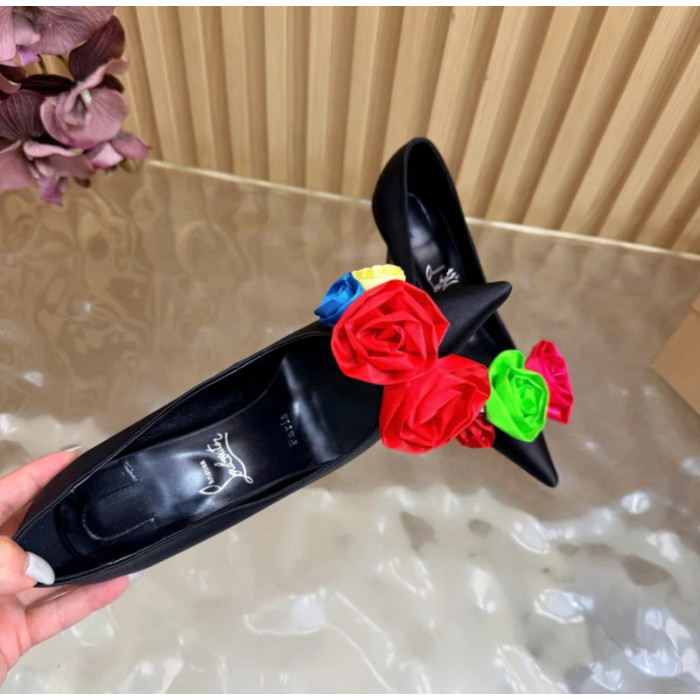 Christian Louboutin Black Satin Multicolor Fabric Flower 100mm Stiletto Heel Pumps