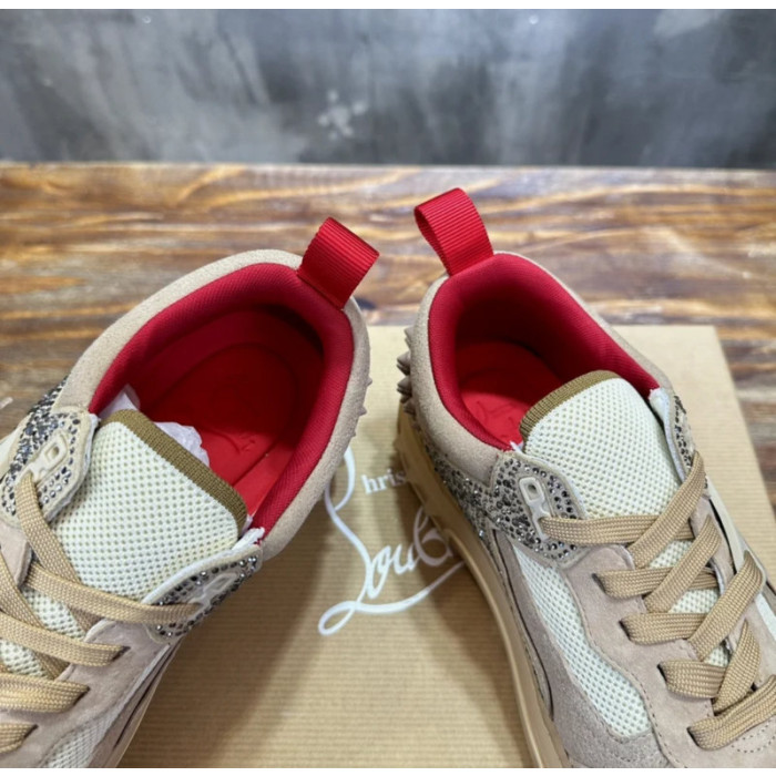 Christian Louboutin Beige Suede Crystal Spiked Platform Low‑Top Sneakers