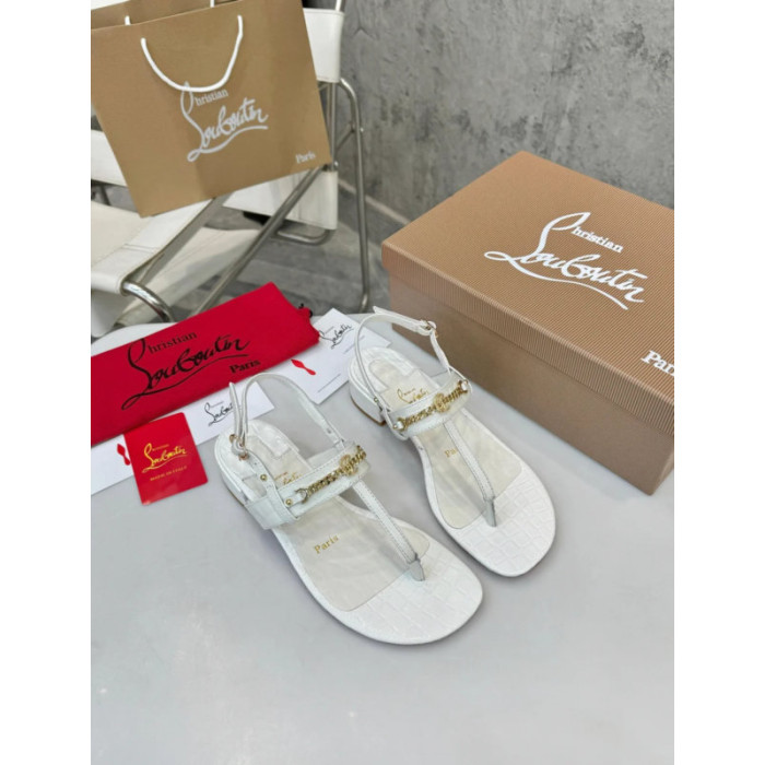 Christian Louboutin White Croc‑embossed Leather Block Heel Thong Sandal