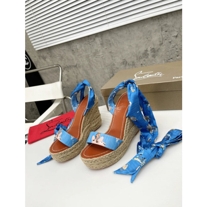 Christian Louboutin Blue Cartoon Print Fabric 120mm heel Wedge Ankle‑Wrap Espadrille Sandal