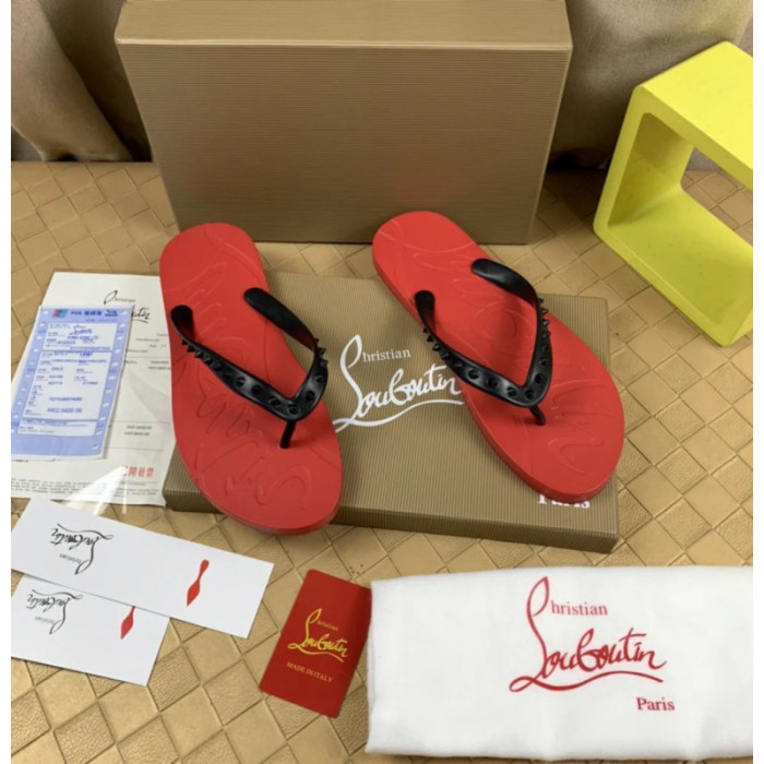 Christian Louboutin Red Embossed‑Logo Studded Flip‑Flop Sandals