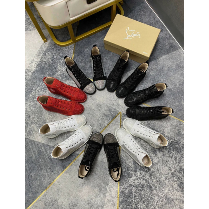 Christian Louboutin White Leather Crystal‑Embellished High‑Top Sneakers