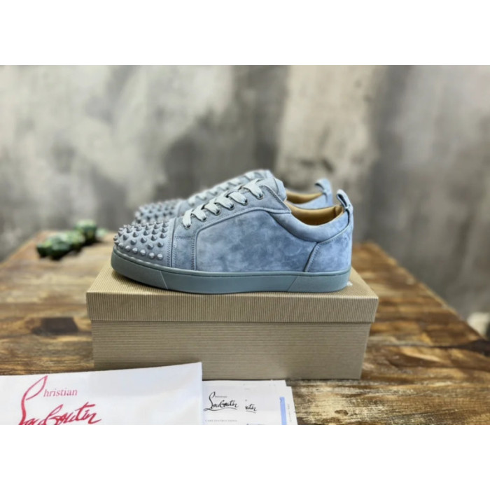 Christian Louboutin Dusty Blue Suede Spiked Low‑Top Men’s Sneakers
