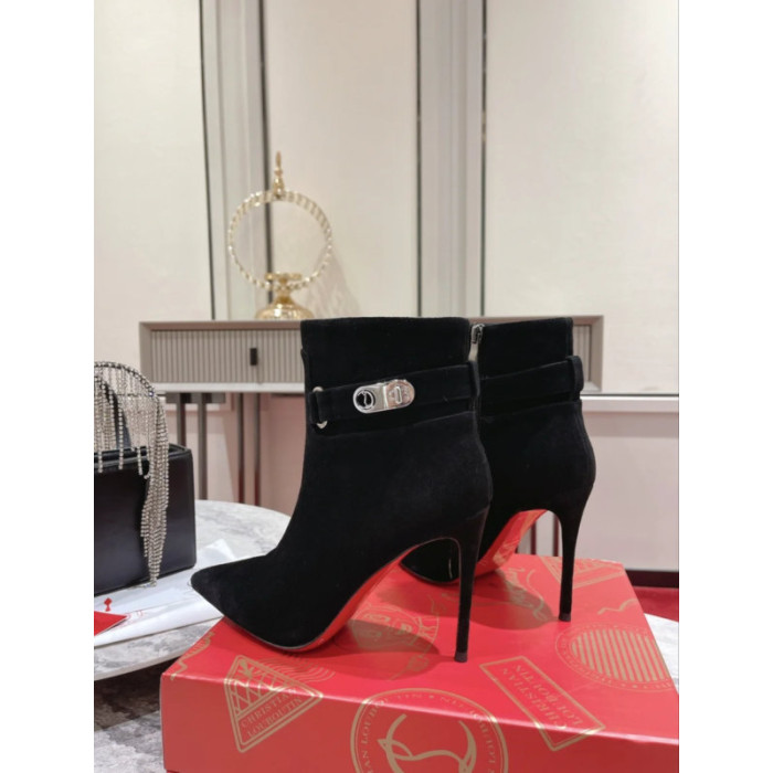 Christian Louboutin Black Suede 100mm Lock‑Buckle Pointed Toe Ankle Boots