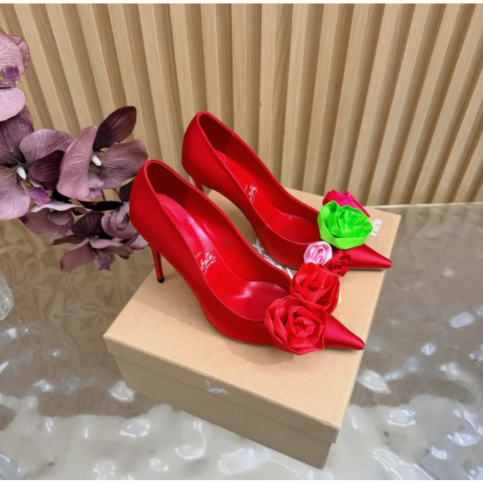 Christian Louboutin Red Satin Multicolor Fabric Flower 100mm Stiletto Heel Pumps