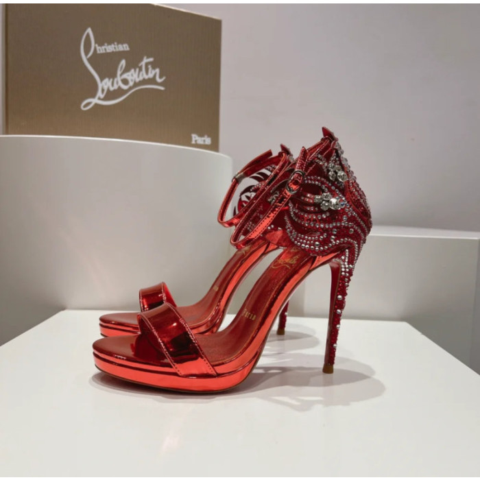 Christian Louboutin Red Metallic Patent Crystal 120mm Platform Heel Sandals