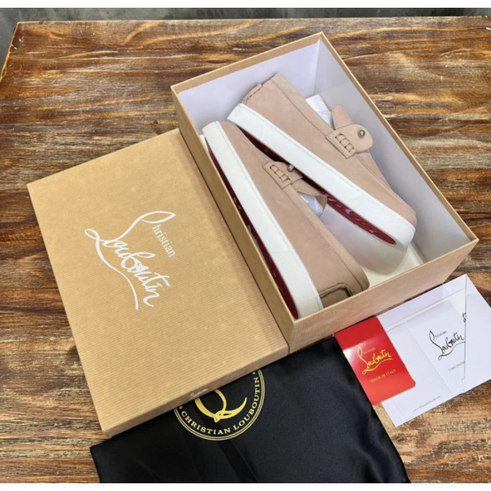 Christian Louboutin Nude Nubuck Metal‑Stud Slip‑On Loafers