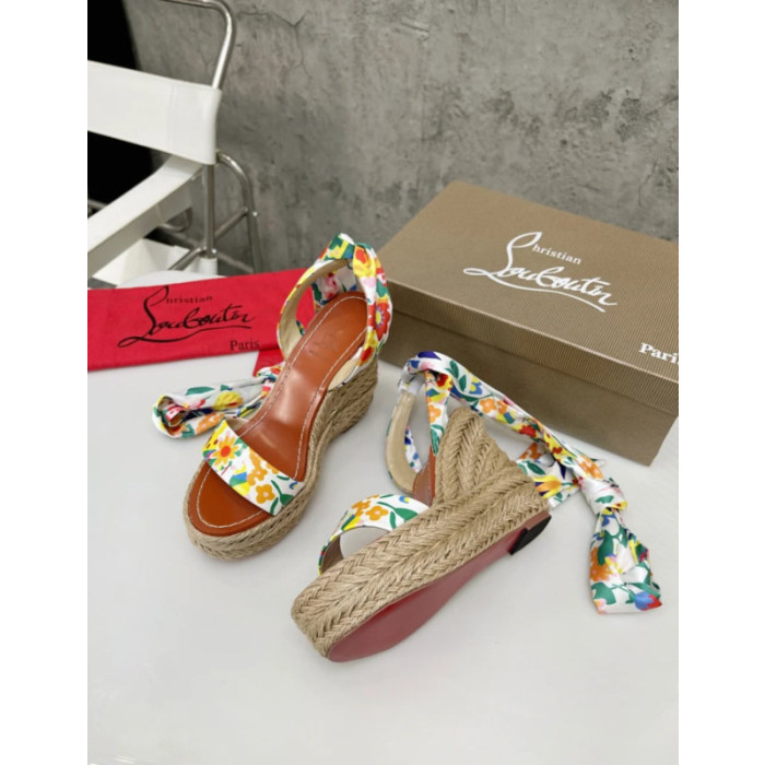 Christian Louboutin Floral Print Fabric 120mm heel Wedge Ankle‑Wrap Espadrille Sandal