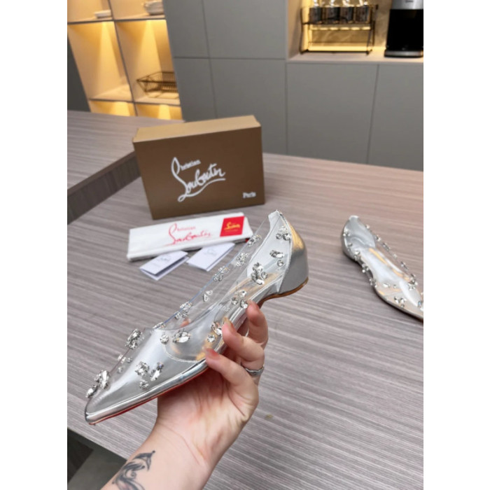 Christian Louboutin Clear PVC Crystal‑Embellished Pointed Toe Flat Pumps