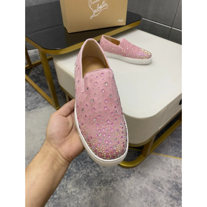 Christian Louboutin Pink Suede Crystal‑Embellished Slip‑On Sneakers