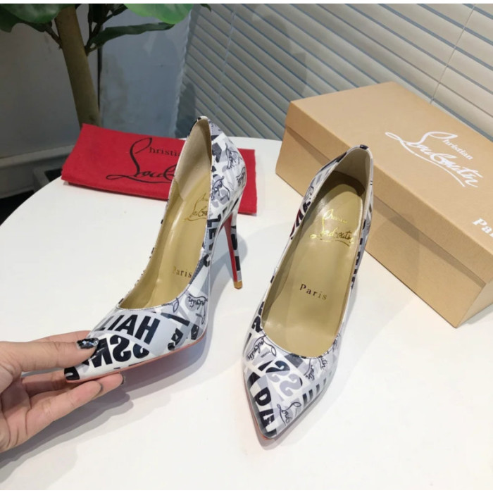 Christian Louboutin Monochrome Letter‑Print Pointed Toe 100mm Stiletto heel Pumps