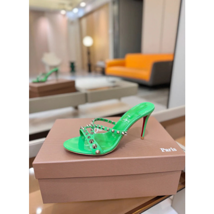 Christian Louboutin Green Patent Leather 100mm heel Silver‑Spiked Mule High‑Heel Sandals