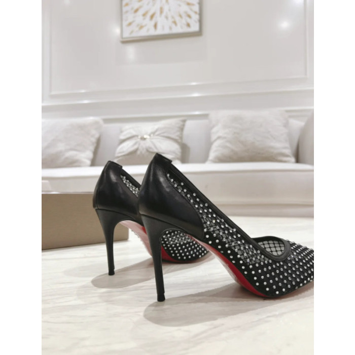 Christian Louboutin Black Mesh 80mm Apostropha Crystal‑Embellished Pointed Toe Heel Pumps