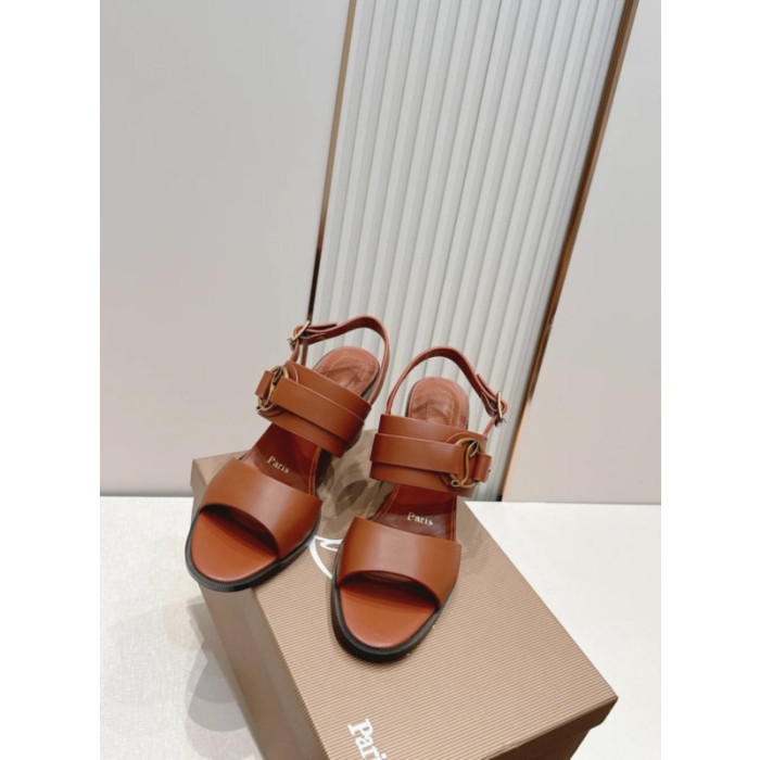 Christian Louboutin Brown Calfskin 85mm Block‑Heel Ankle‑Strap Sandals