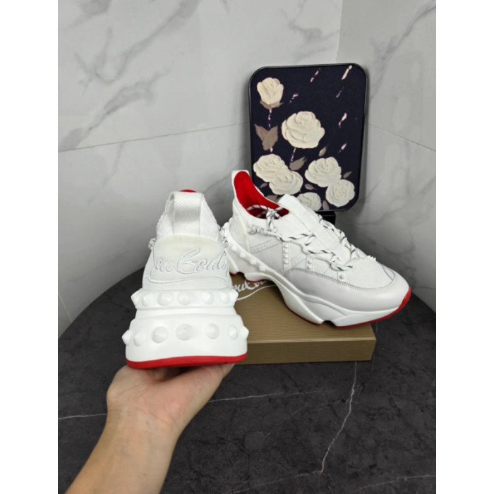 Christian Louboutin White Bubble‑Sole Lace‑Up Chunky Sneakers Red Inner Lining
