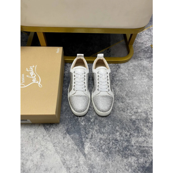 Christian Louboutin White Leather Silver Crystal‑Encrusted Low‑Top Sneakers