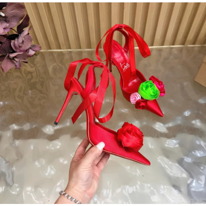 Christian Louboutin Red Satin Multicolor Fabric Flower 100mm Stiletto Heel Slingback Pumps