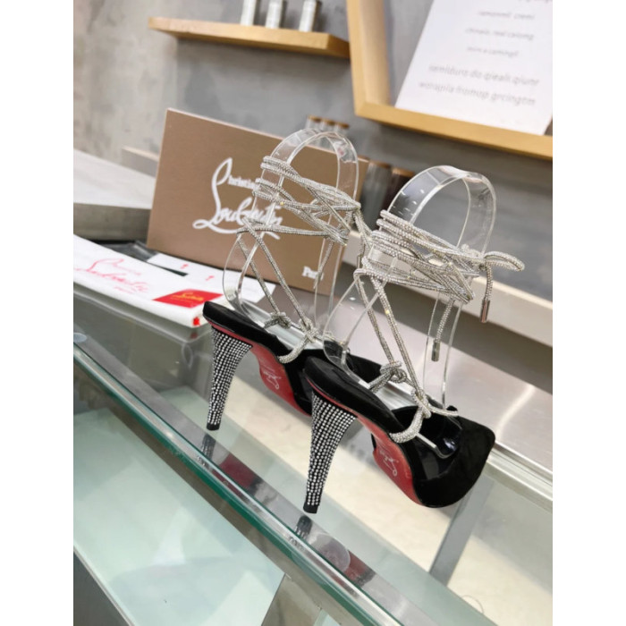 Christian Louboutin Black Suede Crystal Ankle Tie 100mm High Heel Pumps