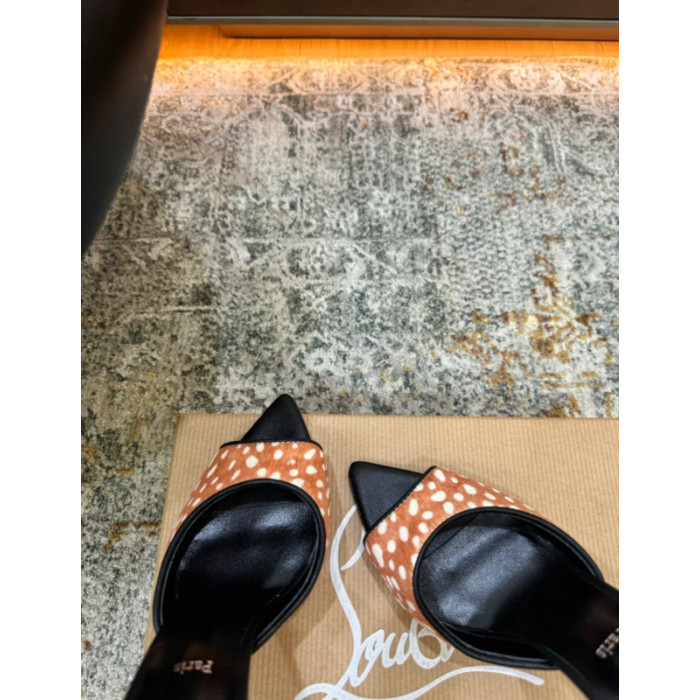 Christian Louboutin Brown‑White Spotted Calf Hair Backless Mule High Heel Sandals