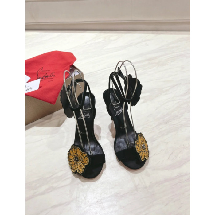 Christian Louboutin Black Satin 120mm Crystal Flower Stiletto Slingback Sandals