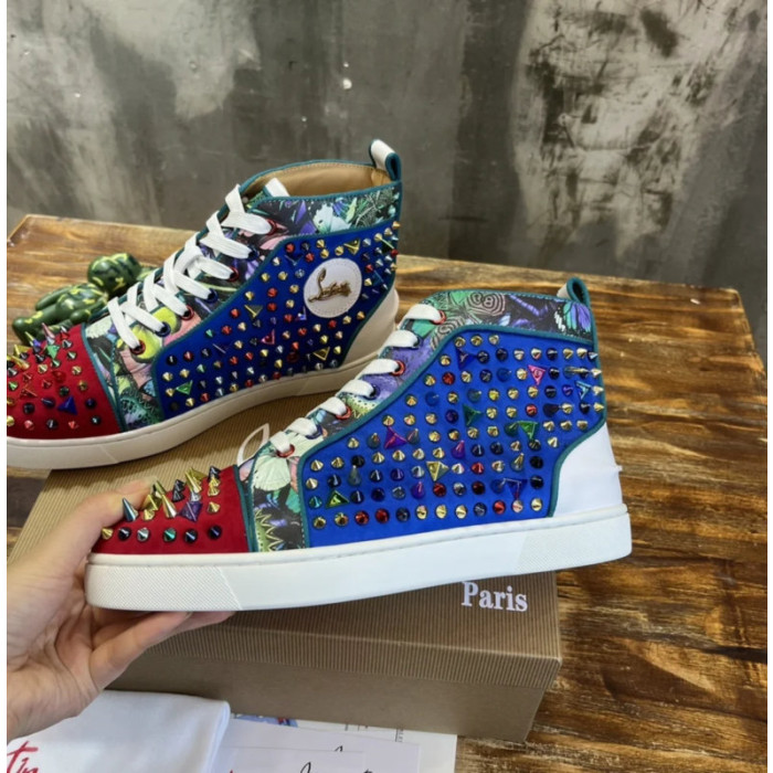 Christian Louboutin Multicolor Spike Jungle‑Print Suede High‑Top Sneakers