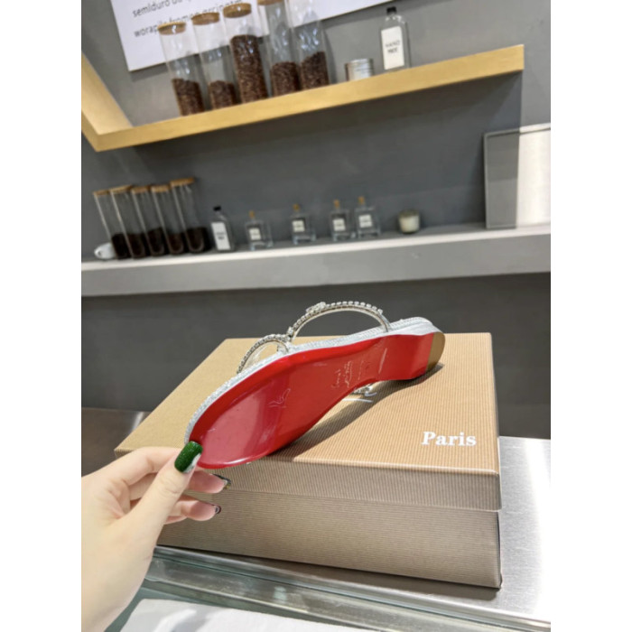 Christian Louboutin Silver Crystal Flower Flat Mule Sandal