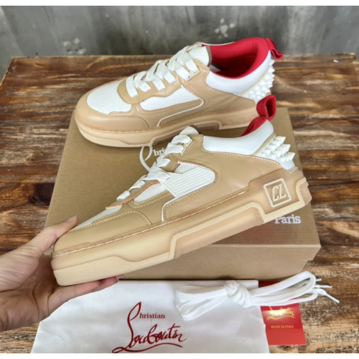 Christian Louboutin Beige White Mixed‑Media Spiked Low‑Top Sneakers