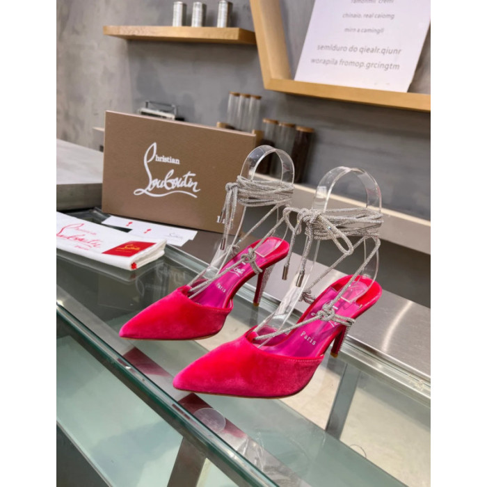 Christian Louboutin Fuchsia Suede Crystal Ankle Tie 100mm High Heel Pumps