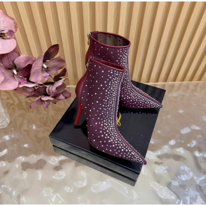 Christian Louboutin Burgundy Mesh Crystal‑Embellished 120mm Pointed‑Toe Stiletto Heel Ankle Boots