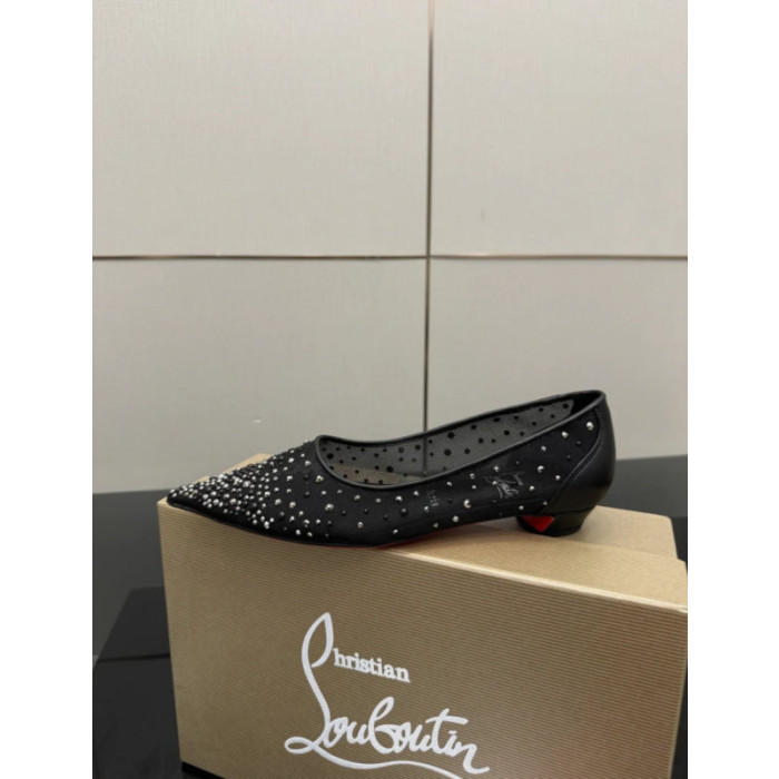 Christian Louboutin Black Mesh Crystal Pointed‑Toe Flat Shoes